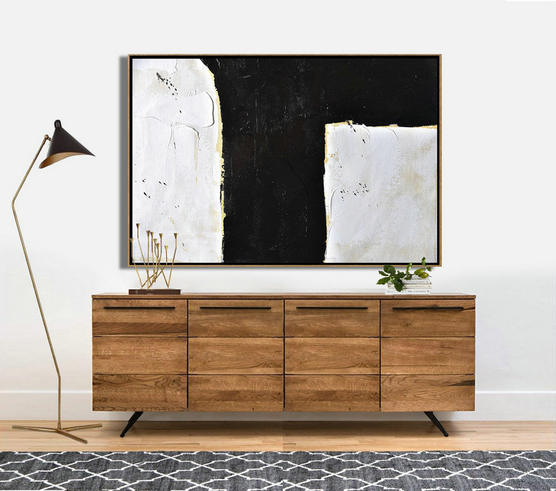Big Art Canvas,Horizontal Palette Knife Minimal Canvas Art Painting Black White Beige - Hand Painted Aclylic Painting On Canvas